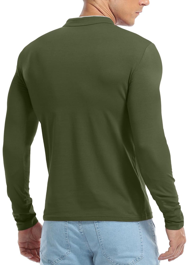 KUYIGO Men's Casual Slim Fit Shirts Long Sleeve Polo Mandarin Collared St Patrick's Day T-Shirts Army Green Small - Image 4